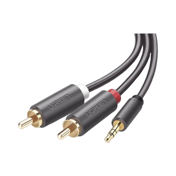 Cable Adaptador de 3.5mm Macho a 2 RCA Macho / 3 Metros (9.84 Pies) / Color Gris / Blindaje Múltiple / ABS / Alta Calidad  UGREEN  10512 - Hergui Musical