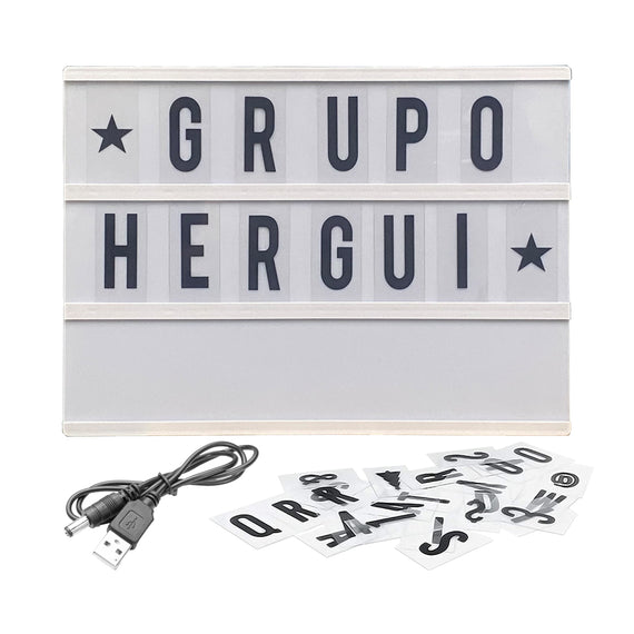 LETRERO LUMINOSO, INCLUYE 96 CARACTERES PARA CONFIGURAR MENSAJES, FUNCIONA CON BATERIAS Y USB (Baterias no incluidas)    RADOX   246-500 - Hergui Musical