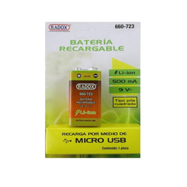 Batería 9V Recargable Li-Ion 500mA, Carga por MicroUSB  RADOX   660-723 - Hergui Musical