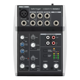 Mezcladora analógoga premium de 5 entradas (1 Directa, 4 compartidas) con interfaz de transmisión USB  BEHRINGER  502S - Hergui Musical