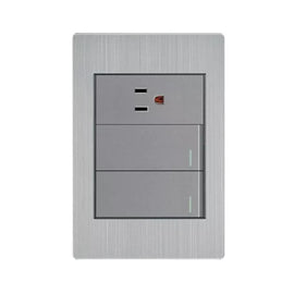 PLACA CONTACTO SENCILLO Y APAGADOR DE 2 INTERRUPTORES 3 VIAS 100-260VCA ACERO INOX. GRIS 77X124MM  ARTLITE   APL-106 - Hergui Musical