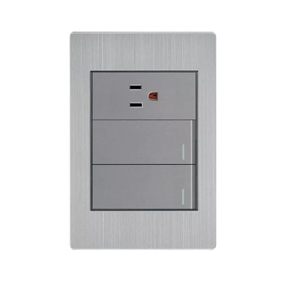 PLACA CONTACTO SENCILLO Y APAGADOR DE 2 INTERRUPTORES 3 VIAS 100-260VCA ACERO INOX. GRIS 77X124MM  ARTLITE   APL-106 - Hergui Musical