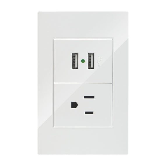 PLACA CONTACTO SENCILLO 90-277 VCA Y CONVERTIDOR DE VOLTAJE DOBLE 5VCD 2.1A PC BLANCO CORTE RECTO 75X118MM    ARTLITE    APL-207 - Hergui Musical