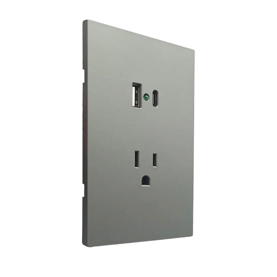 PLACA LUXURY CONTACTO SENCILLO, GRIS OXFORD, 90-277VCA Y CONVERTIDOR DE VOLTAJE DOBLE USB (TIPO A Y C) 5VCD 2.1A, 74X112MM SKIN FEEL  ARTLITE   APL-407 - Hergui Musical