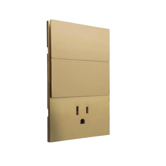 PLACA LUXURY CONTACTO SENCILLO Y APAGADOR DE 2 INTERRUPTORES 3 VIAS 90-277VCA COLOR ORO 74X112MM SKIN FEEL  ARTLITE  APL-506 - Hergui Musical