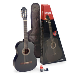 Paquete de guitarra clásica 4/4 negra (con tapa de tilo) incluye: afinador y funda  STAGG  C440-M-BLK-PACK - Hergui Musical