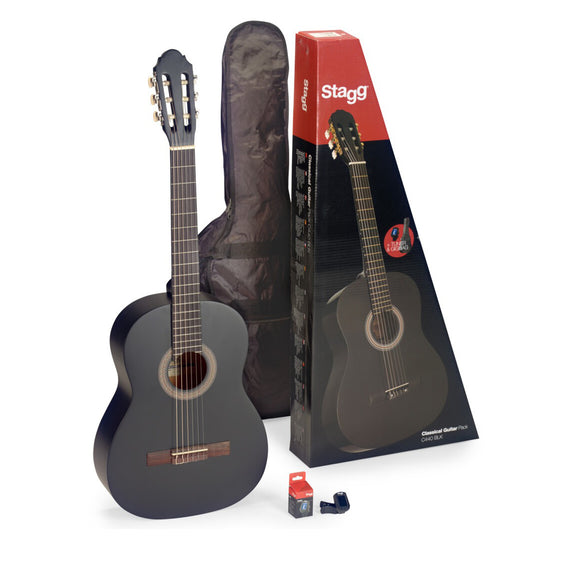 Paquete de guitarra clásica 4/4 negra (con tapa de tilo) incluye: afinador y funda  STAGG  C440-M-BLK-PACK - Hergui Musical