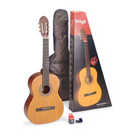 Paquete de guitarra con guitarra clásica 4/4 Natural con tapa de tilo, afinador y funda  STAGG  C440-M-NAT-PACK - Hergui Musical