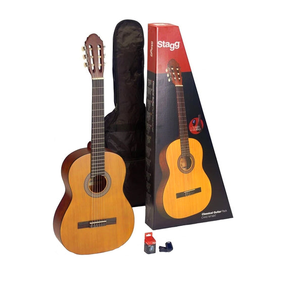 Paquete de guitarra clásica 4/4 Natural (con tapa de Linde) incluye: afinador y funda  STAGG  C440-N-HYB-PACK - Hergui Musical