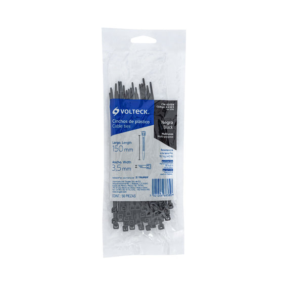 Bolsa con 50 cinchos plásticos 40 lb, 150x3.5mm, Negros  VOLTECK   CIN-4015N - Hergui Musical