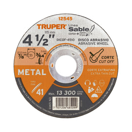 Disco tipo 41 de 4-1/2" x 1 mm corte fino de metal, sable  TRUPER   DICOF-4510 - Hergui Musical