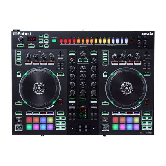 Controlador de DJ de dos canales y cuatro plataformas para Serato DJ Lite con caja de ritmos  ROLAND  DJ-505 - Hergui Musical