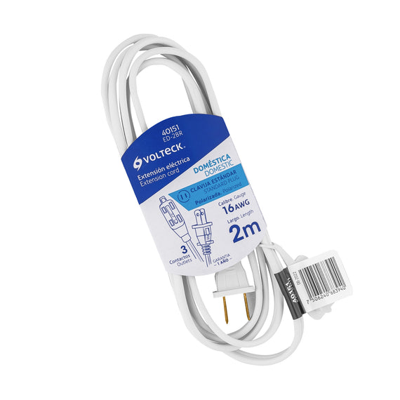 Extensión eléctrica doméstica 2 m clavija recta, blanca  VOLTECK  ED-2BR - Hergui Musical