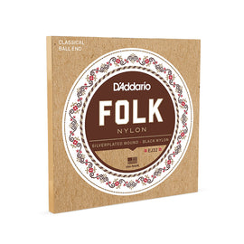 Juego de cuerdas para guitarra con terminaciones de bola, serie Folk Nylon, agudos de nylon negro/entorchado en plata, graves entorchados en plata, agudos de nylon negro  DADDARIO  EJ-32 - Hergui Musical