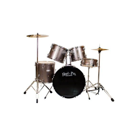 BATERÍA 5 PZAS. PROFESIONAL, COLOR BRONCE METÁLICO, INCLUYE: HERRAJES, PLATILLOS, BAQUETA Y BANCO, COLOR BRONCE METÁLICO  HEAD-PRO     HP-BATE-3MTBZ - Hergui Musical