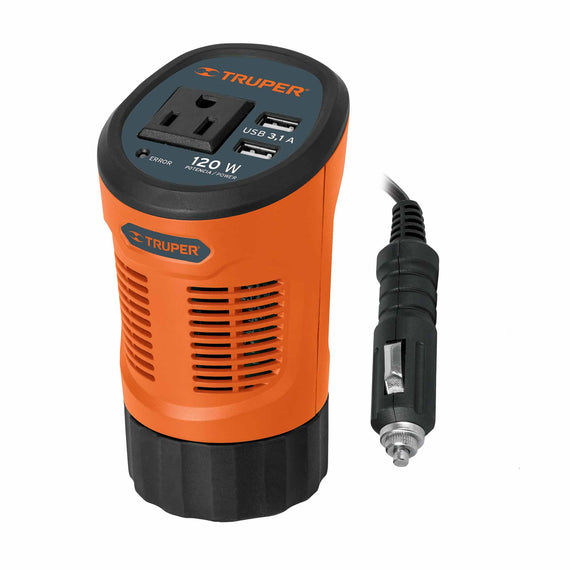 Inversor de corriente 120 w tipo vaso, 2 puertos usb, truper  INCO-120 - Hergui Musical