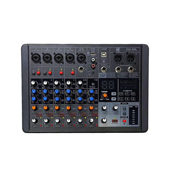 Mezcladora pasiva 8 canales (5 Directos, 3 compartidos), efectos DSP, Bluetooth, ecualizador  HARDEN   KMX-8BS - Hergui Musical