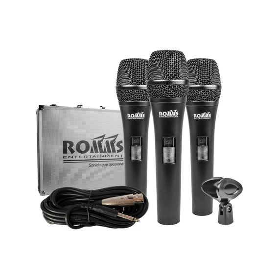 Jgo. de 3 Micrófonos alámbricos con 3 cables de 4.50m y portamicrófonos  ROMMS   MC-330 - Hergui Musical