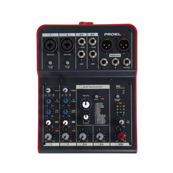 Mezcladora análoga 6 canales (2 Directos, 4 compartidos)  PROEL  MQ6FX - Hergui Musical