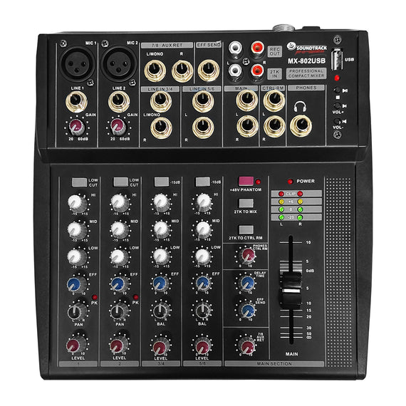 MEZCLADORA PASIVA 8 CANALES (2 DIRECTOS 6 COMPARTIDOS) USB/PHANTHOM   SOUNDTRACK   MX-802USB - Hergui Musical