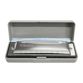 ARMÓNICA DE PLÁSTICO, COLOR PLATA, "E" VINCENZO CON 10 HORIFÍCIOS  V-HAR10-3E-SL