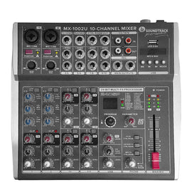 Mezcladora pasiva 10 canales (2 Directos, 8 compartidos), phantom power, bluetooth  SOUNDTRACK   MX-1002UQQ - Hergui Musical
