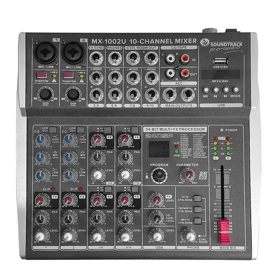Mezcladora pasiva 10 canales (2 Directos, 8 compartidos), phantom power, bluetooth  SOUNDTRACK   MX-1002UQQ - Hergui Musical