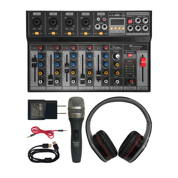 KIT DE GRABACIÓN, INCLUYE: MEZCLADORA 6 CANALES (4 DIRECTOS, 2 COMPARTIDOS), INTERFAZ, AUDÍFONO, MICRÓFONO y CABLES  SOUNDTRACK   STUDIO-6-KIT - Hergui Musical