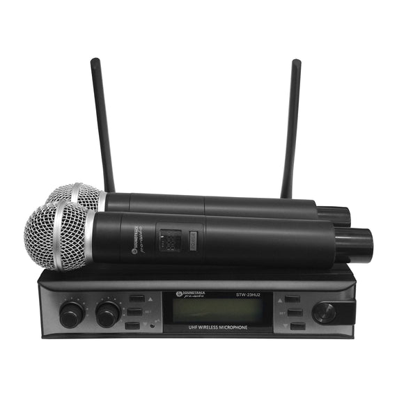 Sistema inalámbrico de doble micrófono, frecuencias variables, UHF, 60m de distancia  SOUNDTRACK  STW-23HU2 - Hergui Musical