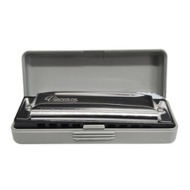 ARMÓNICA DE PLÁSTICO, COLOR PLATA, "A" VINCENZO CON 10 HORIFÍCIOS  V-HAR10-3A-SL