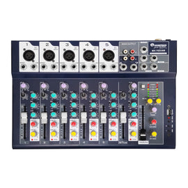 MEZCLADORA PASIVA 7 CANAELES (5 DIRECTOS, 2 COMPARTIDOS) PHANTOM POWER, INCLUYE MICRÓFONO ALAMBRICO Y MALETÍN DE ALUMINIO   SOUNDTRACK   MX-702USB - Hergui Musical