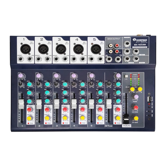 MEZCLADORA PASIVA 7 CANAELES (5 DIRECTOS, 2 COMPARTIDOS) PHANTOM POWER, INCLUYE MICRÓFONO ALAMBRICO Y MALETÍN DE ALUMINIO   SOUNDTRACK   MX-702USB - Hergui Musical