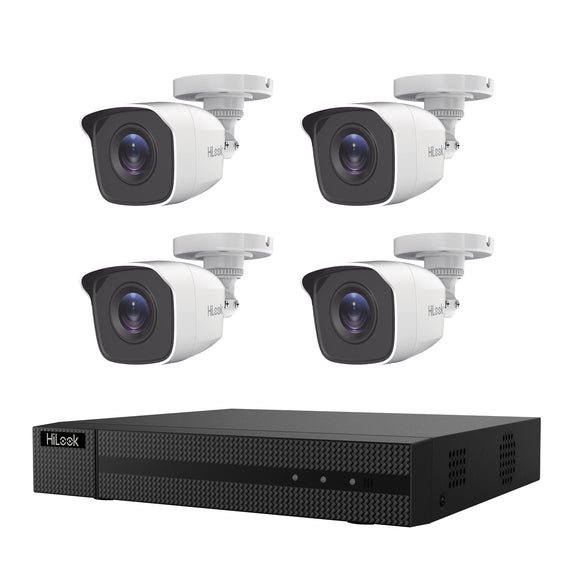 KIT TurboHD 1080p HIKVISION  / DVR 4 canales / 4 Cámaras Bala de Metal / H.265+ / 1 Fuente de Poder Profesional / Accesorios de Instalación  HL24LQKITS-M(B) - Hergui Musical