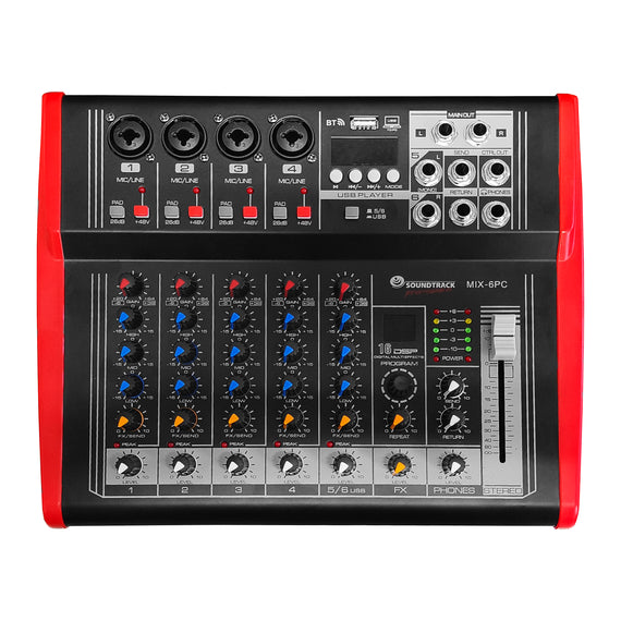 MEZCLADORA AMPLIFICADA 6 CANALES (4 DIRECTOS, 2 COMPARTIDOS) 150w RMS x 2, PHANTOM, BLUETOOTH  SOUNDTRACK   MIX-6PC - Hergui Musical