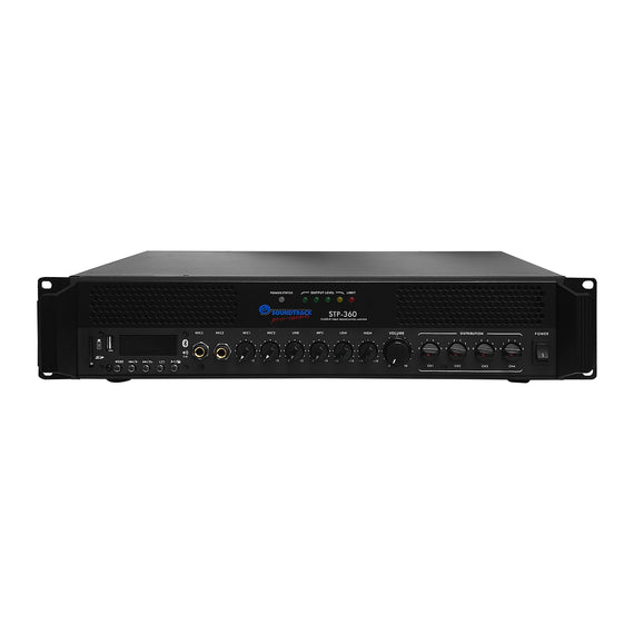 Amplificador De Publidifusión Para Interiores, 360w RMS, Cuatro zonas con control de volumen independiente, Reproductor MP3, BT y USB, Línea de 70 y 100 volts  SOUNDTRACK  STP-360 - Hergui Musical