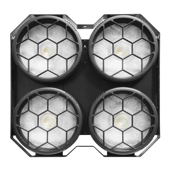 ESTROBO DE 4 LEDS COB PRINCIPALES DE  100W CW,  92 LEDS RGB SMD 5050 DE 0.2W, 13 O 25 CH, DMX AUTOMATICO AUDIO RITMICO  MEGALUZ SHOW  DECO-400 - Hergui Musical