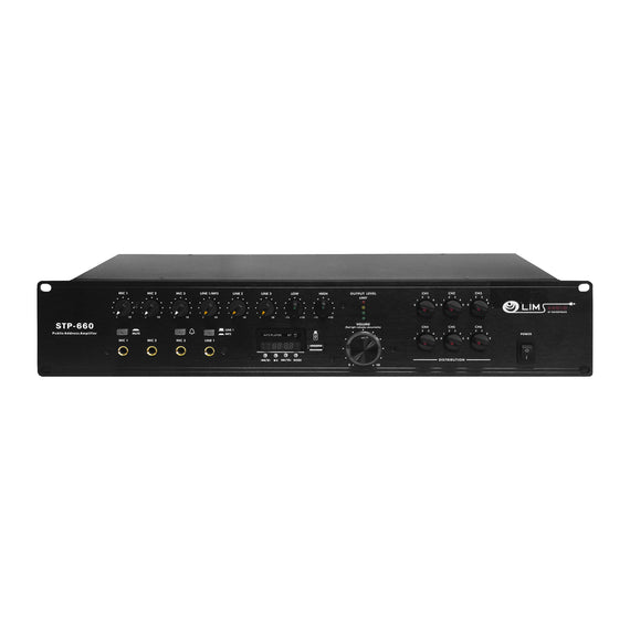AMPLIFICADOR DE PUBLIDIFUSIÓN ENTRADA DE 2 MICRÓFONOS, 1 LÍNEA. 360w, 70v/100v, USB. BLUETOOTH, FM   SOUNDTRACK   STP-660 - Hergui Musical