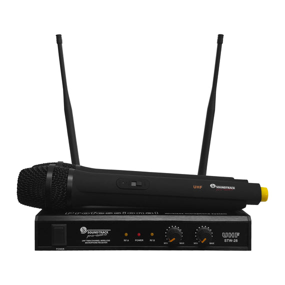 SISTEMA DE MICRÓFONO INALÁMBRICO DOS MICRÓFONOS DE MANO, DOBLE ANTENA, DOS CANALES FRECUENCIAS FIJAS   SOUNDTRACK   STW-28HU2 - Hergui Musical
