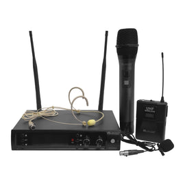 Sistema doble de micrófono de mano y diadema ó solapa inalámbrico UHF, frecuencias variables, rango 80 metros, frecuencias: 640-690 Mhz  SOUNDTRACK  STW-33HUL - Hergui Musical