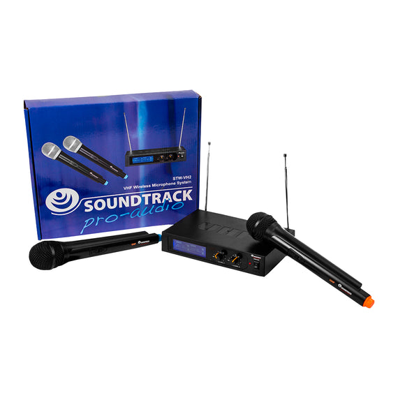 JGO. DE MICRÓFONOS INALÁMBRICOS DOBLES DE MANO VHF, LARGO ALCANCE SOUNDTRACK   STW-VH2 - Hergui Musical