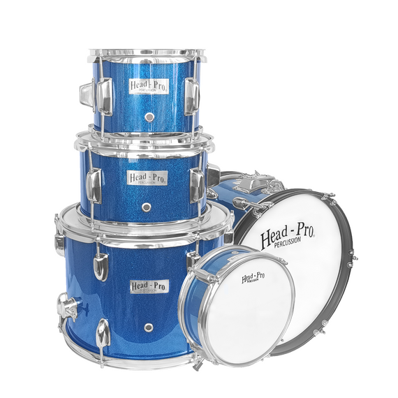 BATERÍA 5 PZAS. JR., COLOR AZUL BRILLANTE, INCLUYE: HERRAJES, PLATILLOS, BAQUETA Y BANCO  HEAD-PRO     HP-BATE-JRSKBL - Hergui Musical