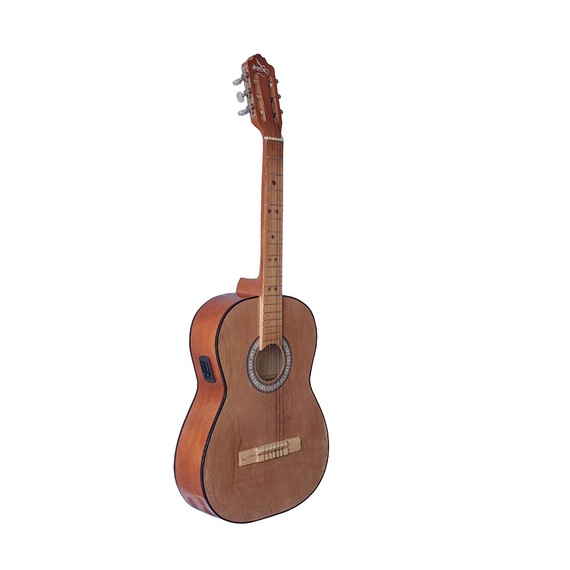 GUITARRA CLASICA ELECTROACUSTICA CON CURVA, PASTILLA DE DOS BANDAS (VOLUMEN Y TONO) INTEGRADA EN INSTRUMENTO Y SALIDA PARA PLUG, CUERDA DE NYLON MAQUINARIA NIQUELADA  TEMPO  G02CE - Hergui Musical