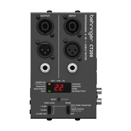 Probador de cables con 3 modos: Cable, prueba de cable instalado y modo de test de tono, acepta todos los conectores estándar: XLR, Speakon*, TRS (1/4", 1/8"),RCA, RJ45, MIDI y USB  BEHRINGER  CT-200 - Hergui Musical