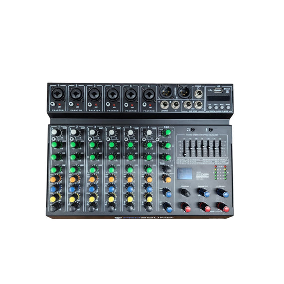 Mezcladora compacta de 8 canales, 6 entradas combo Jack XLR, 2 canales plug, Phantom Power +48V por canal, ecualizador de 3 bandas paramétrico por canal  PROSOUND  PAMX-08RS - Hergui Musical