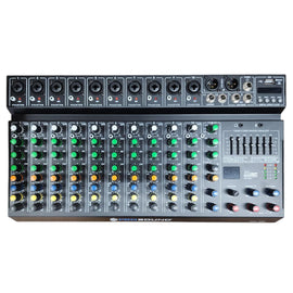 Mezcladora compacta de 12 canales, 10 entradas combo Jack XLR, 2 canales plug, Phantom Power +48V por canal, ecualizador de 3 bandas paramétrico por canal  PROSOUND  PAMX-12RS - Hergui Musical