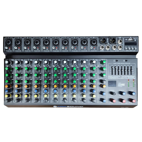 Mezcladora compacta de 12 canales, 10 entradas combo Jack XLR, 2 canales plug, Phantom Power +48V por canal, ecualizador de 3 bandas paramétrico por canal  PROSOUND  PAMX-12RS - Hergui Musical