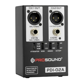 Caja directa Prosound activa de dos canales, 2 entradas TS/TRS y 2 salidas en XLR, switch de tierra física para reducir zumbidos de fondo, modo 2 canales o link  PROSOUND  PDI-02A - Hergui Musical