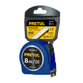 Flexómetro azul 8 m cinta 25 mm, en tarjeta   PRETUL   PRO-8ME-A - Hergui Musical