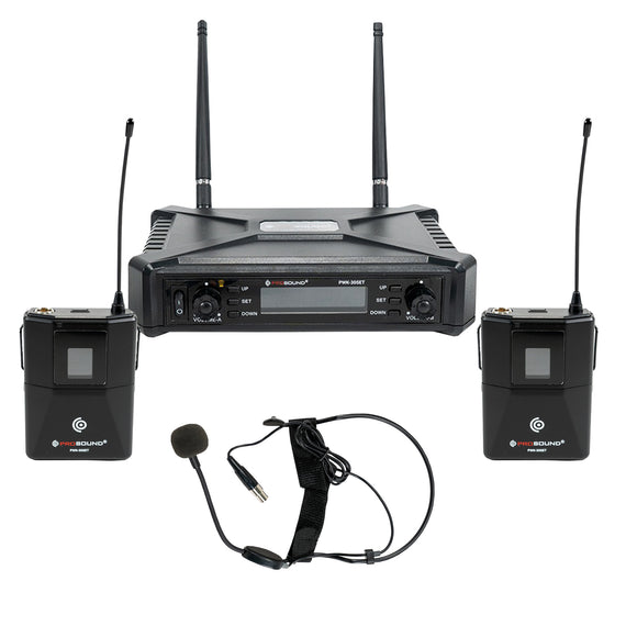 Sistema de micrófono inalámbrico doble, frecuencia variable (630-660 MHz), Incluye: 2 Bodypacks, 1 Mic. de diadema, 1 Mic. de Solapa, 1 Mic. para metales, 1 cable para guitarra  PROSOUND  PWK-30SET - Hergui Musical
