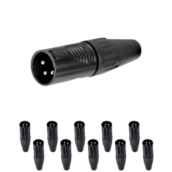 PAQ. 10 PZAS. DE Plug XLR Macho 3 pines, metálico negro  REAN   RC3M-BAG(10) - Hergui Musical